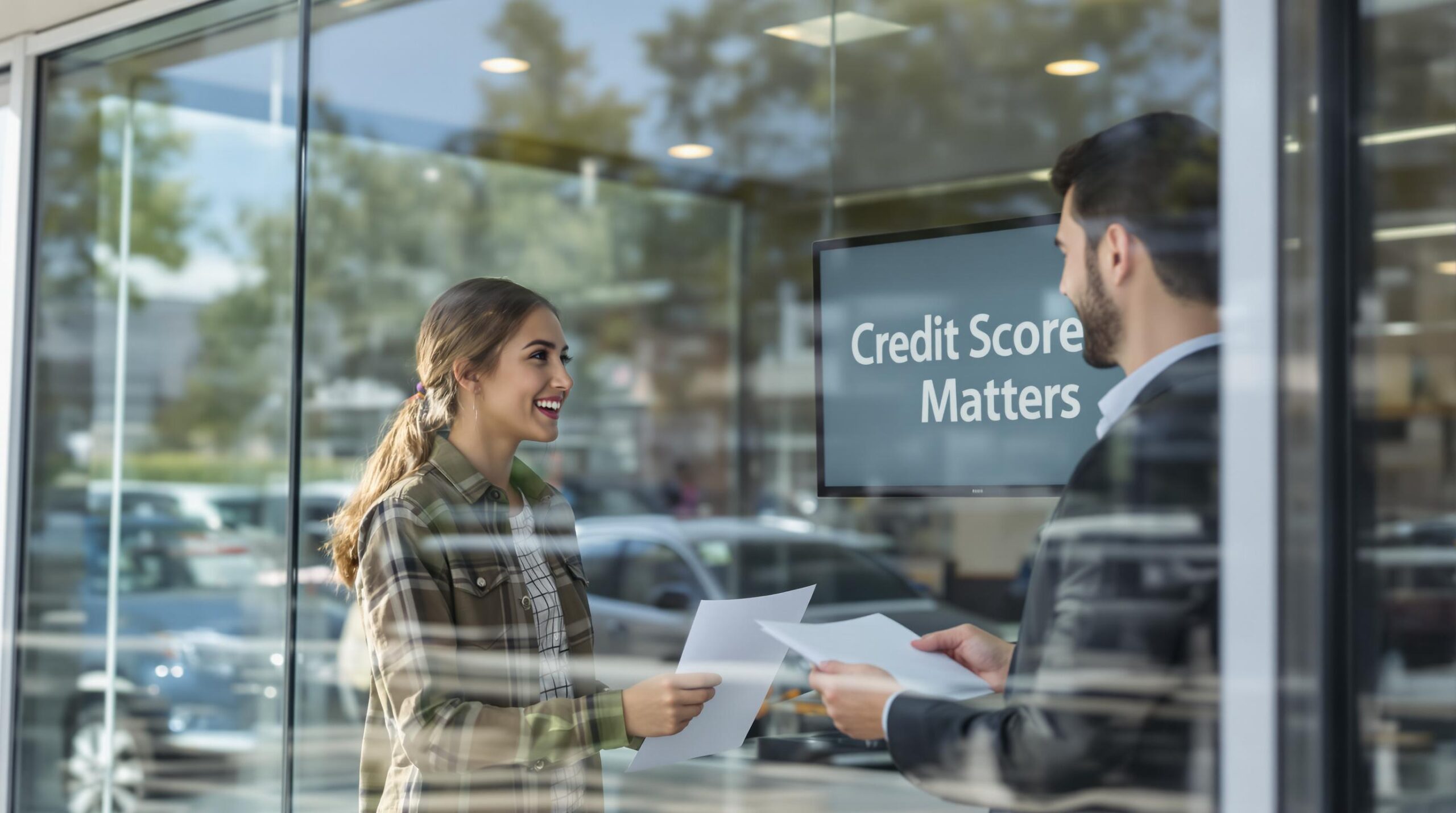 Car buyer reviews paperwork at dealership, 'Credit Score Matters' on office screen